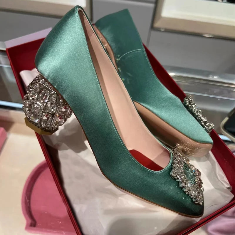 New Rhinestone High Heels Women Slip-On Pumps Women Square Toe Party Crystal Dress Shoes Femmes Chaussures Zapatos De Mujer - Kimlud