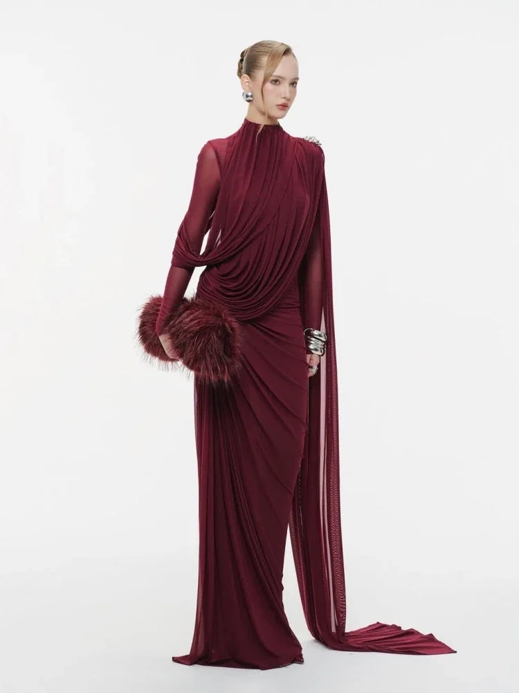 Sexy Long Sleeve O Neck Pleated Draped Long Dress Women Burgundy Mesh Patchwork Folds Slim Runway Celebrity Evening...