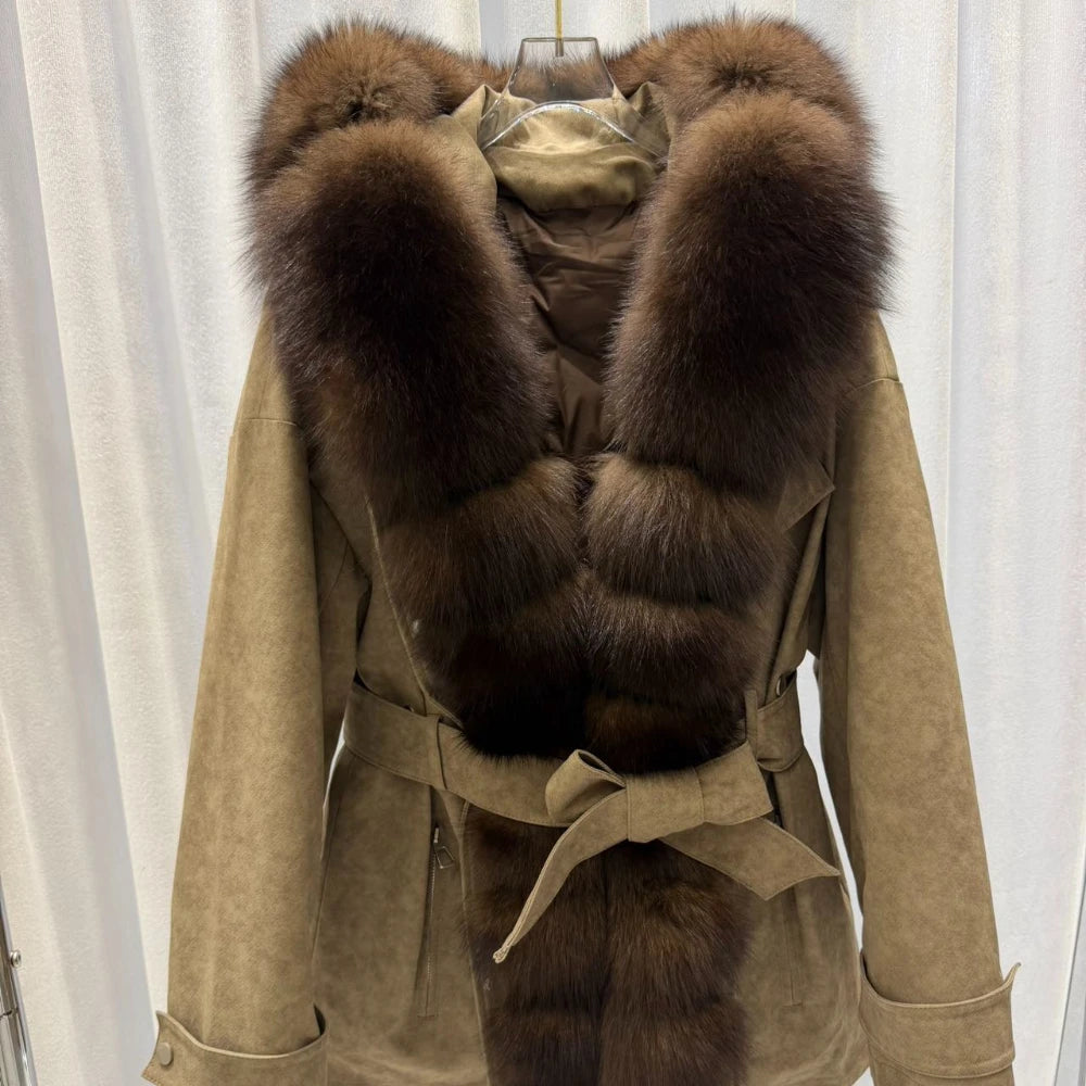 CXFS Luxury Real Fox Fur Hooded White Duck Down Jacket Women Suede Slim Parkas Winter Warm Thick Belted Elegant Fashion Coat