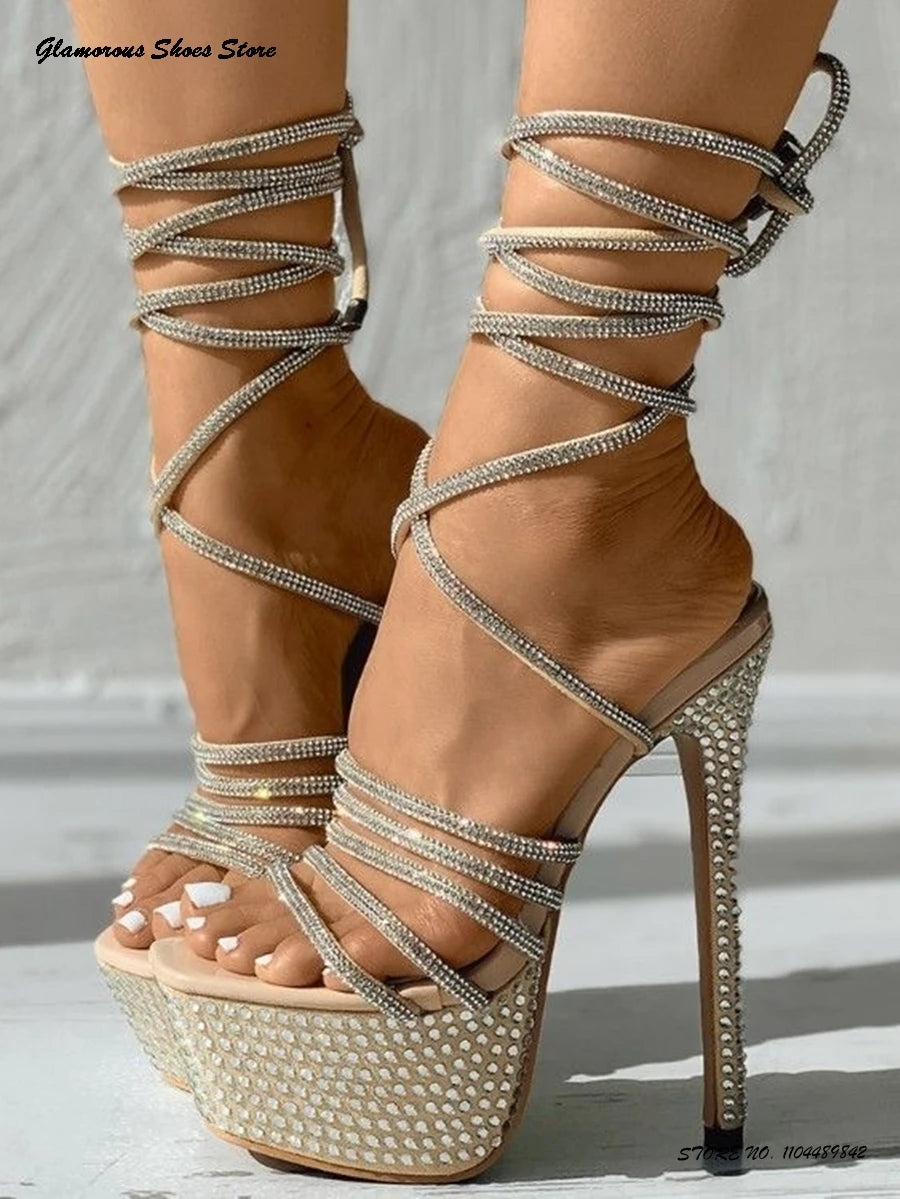 Sparkling Rhinestone Platform Sandals Summer Round Open Toe Thin High Heels Fashion Strappy Stilettos Lace-up Women's Shoes - Kimlud