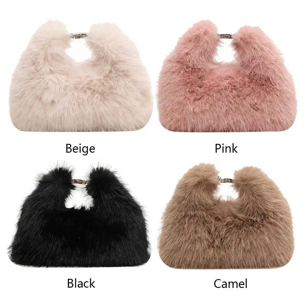 Women Faux Fur Shoulder Bag Adjustable Strap Fluffy Crossbody Bag Solid Color Handbag Hobo Bag for Travel Party
