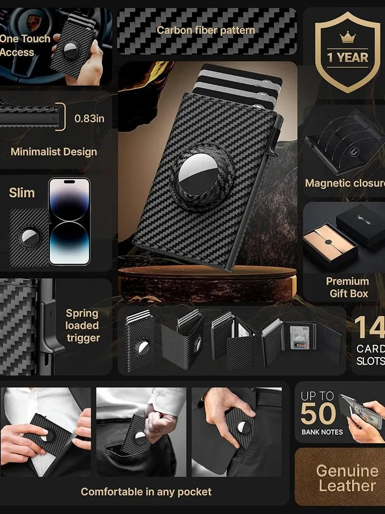 Customized Name Men's Card Holder High Quality Carbon Fiber Wallet RFID Blocking Pop-up Card Purse with Air Tag Positioning Slot
