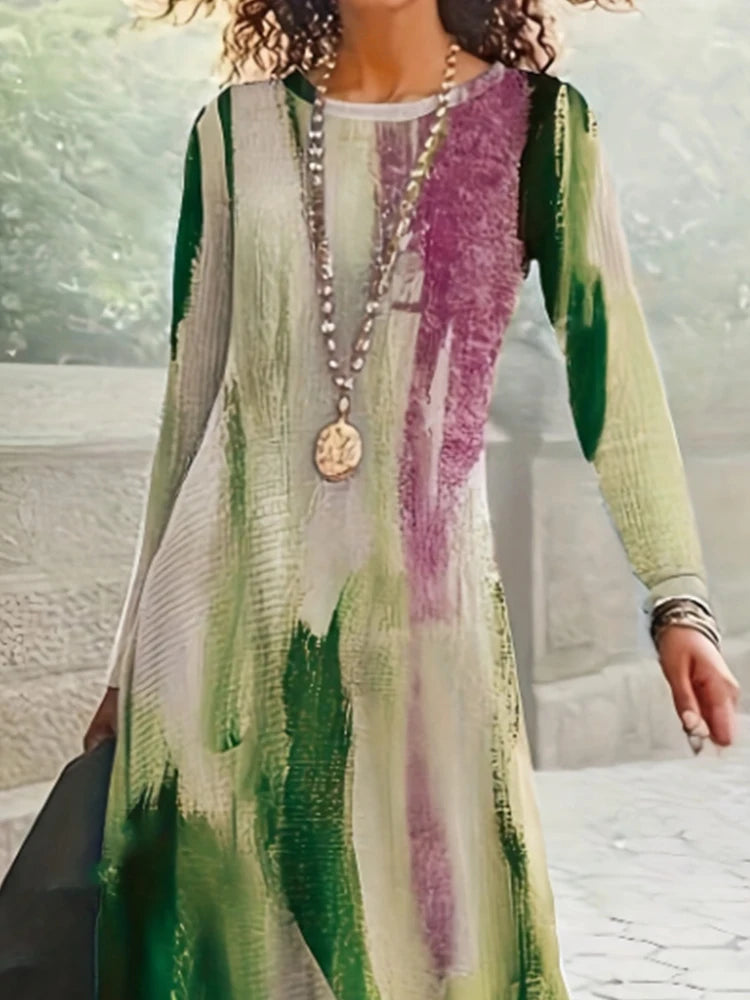 Graffiti Printed Elegant Dresses For Women Casual Long Sleeve Dresses Y2K Temperament Famale Fashion O-Neck Clothing 2025 New