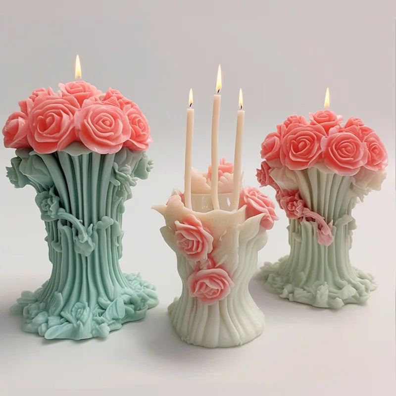 Rose Pillar Candle Mold 3D Rose Flower Silicone Mold Handmade Bouquet of Flowers,Wedding Gift,Home Desktop Decor Mold