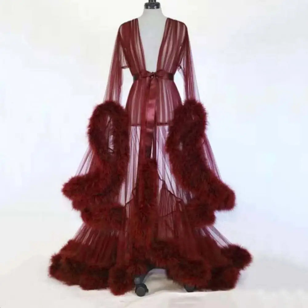 Wedding Night Mesh Dress Fluffy Trim A-line Mesh Dress Translucent Lace-up Bow Waist Seductive Bathrobe Cocktail Party Dresses