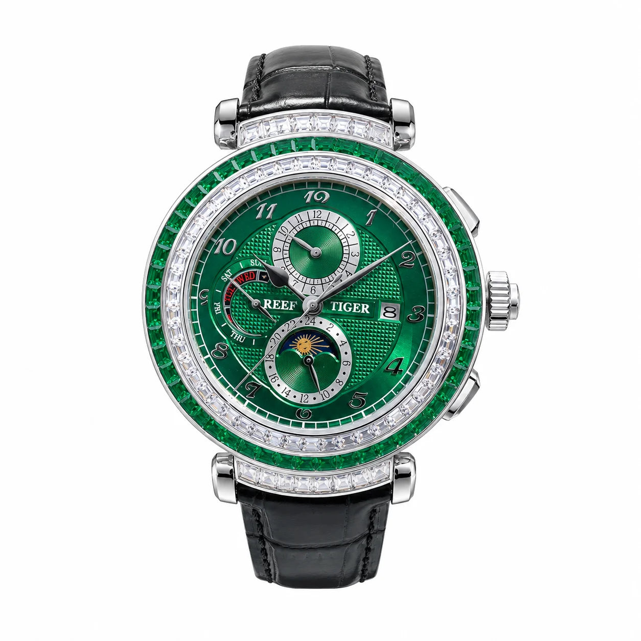 Reef Tiger Luxury Men's Automatic Mechanical Watch Green Dial Moon Phase Date Genuine Leather Strap Waterproof Dress...