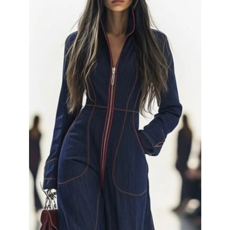 Women's Street Style Denim Jumpsuit 2026 Vintage Contrast Color Zipper Pockets Long Sleeve Wide-leg Long Jumpsuits...