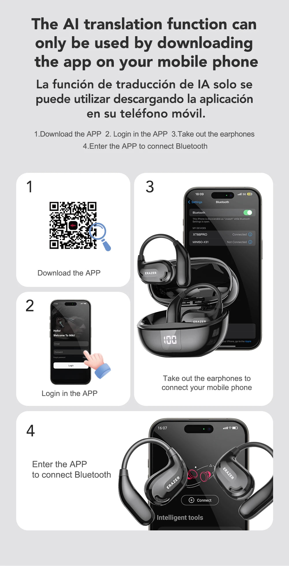 ERAZER XT66PRO Bluetooth Earphones ASMR Headsets DIY APP AI Translator Earbuds Wireless Headphones 13 Hours long life Display - Kimlud