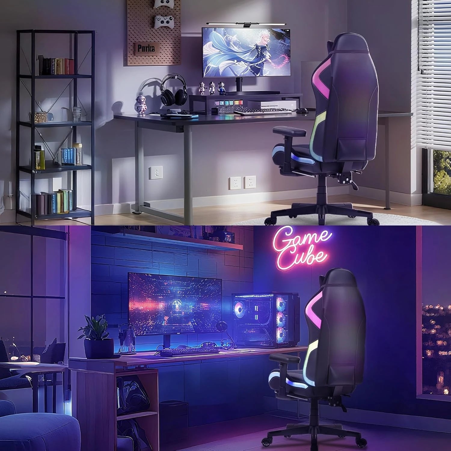 RGB LED Ergonomic Gaming Chair with Footrest Massage Lumbar Support for Adults Teens Black Customized