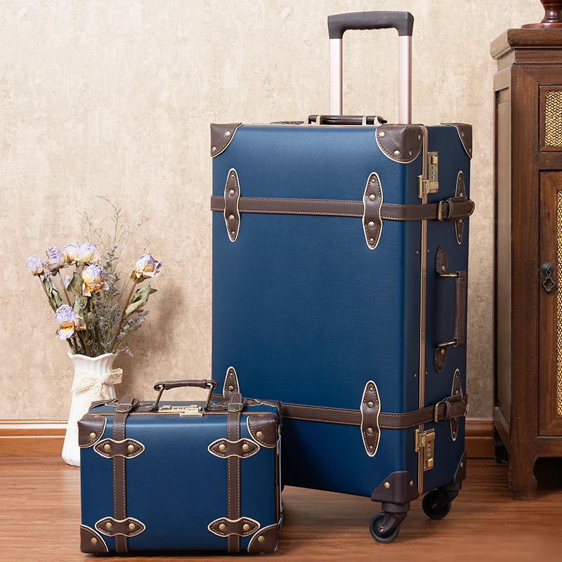 Classic Retro Suitcase 20/24/26inch PP+PC Travel Suitcase Large Capacity Handmade Leather Suitcase Travel Set with Makeup Case