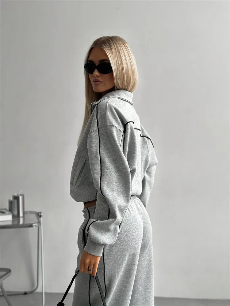 Casual Fashion Suit Ladies Zipper Cardigan Jacket Sports Tether Trousers Two-Piece Ladies Street Style Suit - Kimlud