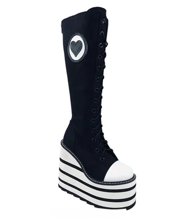 Canvas red Check Platform Knee high Boots Women Metal Chain Round Toe Wedges Cross Tied Lolita Heighten Shoes Lovely Sexy Boots