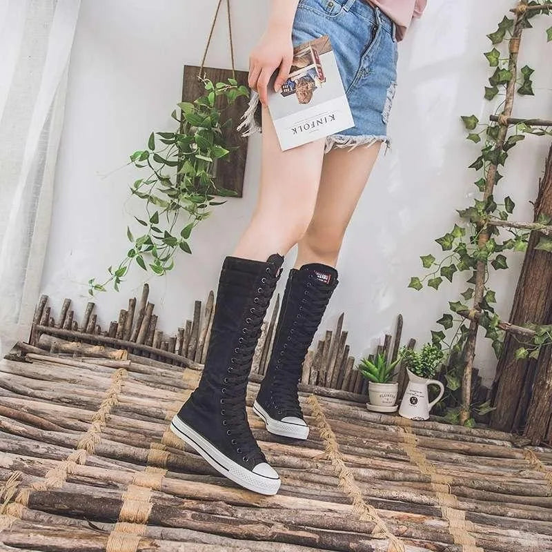 2025 New High Top Canvas Shoes for Women's Korean Edition Long Boot Lace-Up Zipper Comfortable Boot Zapatos De Mujer Tendencia