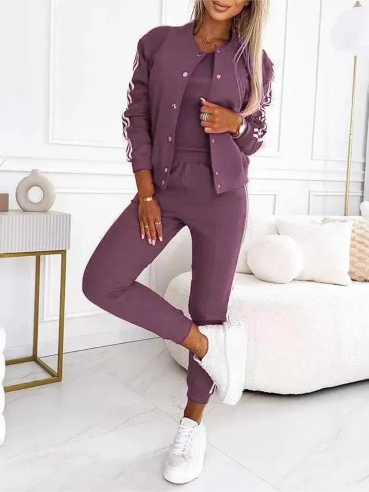 Autumn Three-Piece Set Women's Suit Striped Tape Patch Buttoned Jacket + Tank Top + Pants Sets Lady Sportswear Casual...