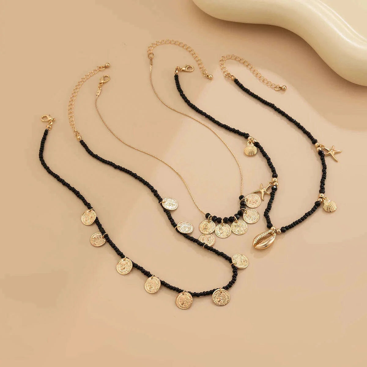 Ingemark 3Pcs/Set Boho Black Seed Beads Chain Necklace for Women Goth Starfish Conch Coin Pendant Choker Y2K Neck Jewelry Gift