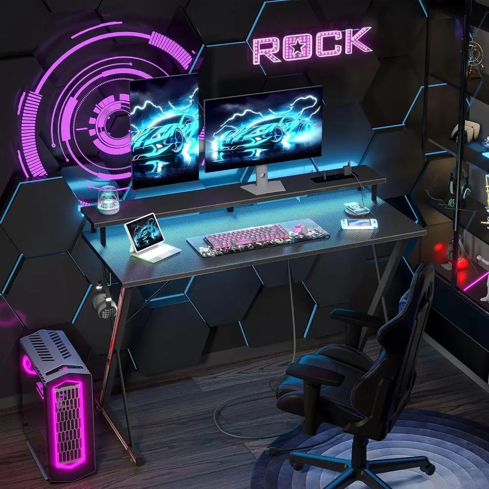 40 Ergonomic Carbon Fiber Gaming Desk with LED, Power Outlets, and Monitor Stand for PC Workstation or Bedroom