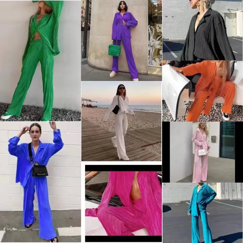 2023 Spring Summer Best Seller Solid Color Draped Loose Fit Smooth Pleated Women's Casual 2-Piece Set Stock Available