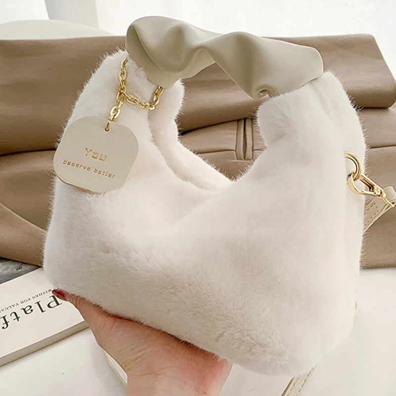 Cute Faux Fur Plush Handbags Ruched Handle Small Lady Shoulder Crossbody Bag Casual Tote Half-Moon Hobos Winter Bags for Women