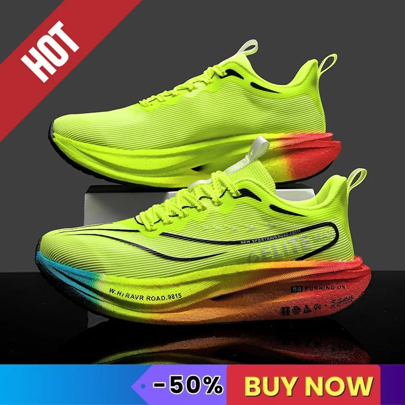 Fluorescence Sports Running Shoes Men Marathon Sneakers CarbonPlate Lightweight Breathable Comfortable Women Athletic Sneakers