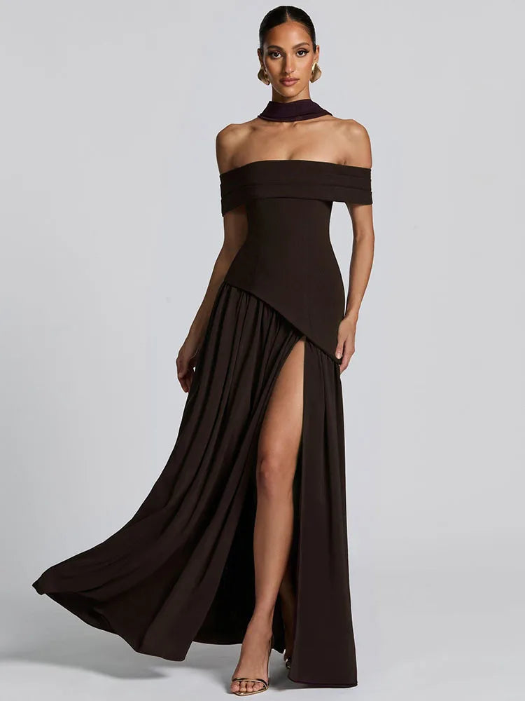 Mozision Off-shoulder Backless Sexy Maxi Dress Women Fashion Strapless Sleeveless Pleated Thigh High Split Club Party Long Dress