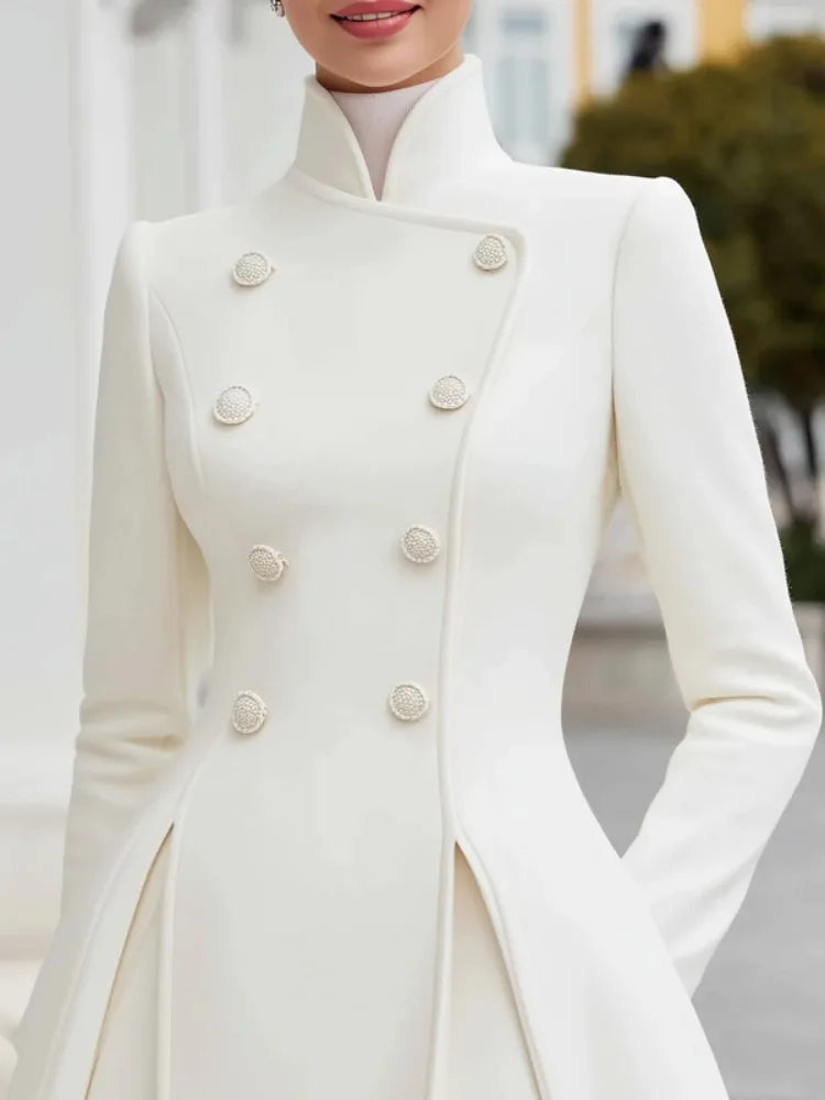 Yeezzi Women's British Style Buttoned Stand Collar Overcoat Midi Dresses Long Sleeves High Waisted Pleated Evening...