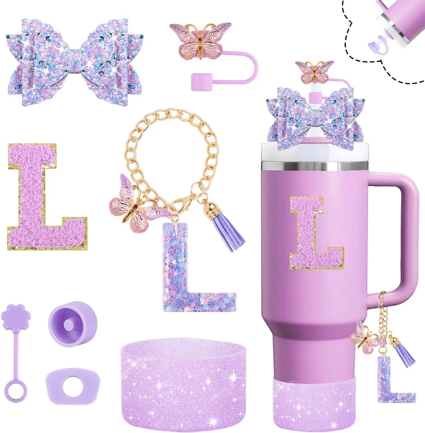 8pcs Cup Accessories Set for Stanley Cup 30oz 40oz tumbler Straw Topper Cover, Boot, Spill Proof Stoppers, Handle Charms Sticker