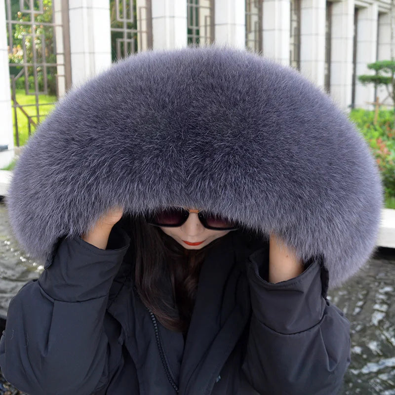 Super Large 100% Real Fox Fur Collar Hood Decor Fur Collar For Down Coat Women Winter Warm Fur Scarf Shawl Luxury
