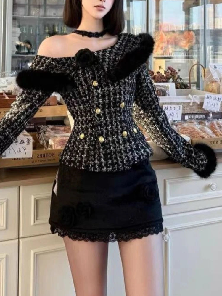 New Winter Elegant Fashion 2 Piece Set Women Off Shoulder Long Sleeve Cardigan Coat +Mini Skirt French Casual Chic Retro Outfits