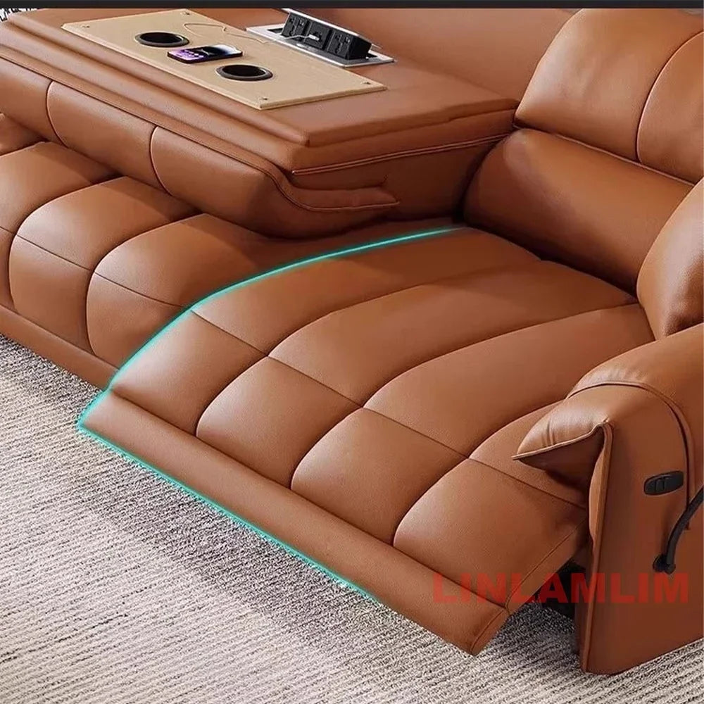 Modern Electric Reclining Sofa with Adjustable Footrest, USB, and Foldable Center Console – Italian Genuine Leather Power Sofa