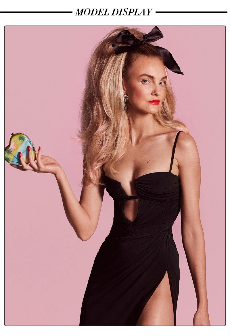 VC Black Long Dress Women Spaghetti Strap Sundress Sexy High Slit Draped Design Evening Party Dress Summer 2023