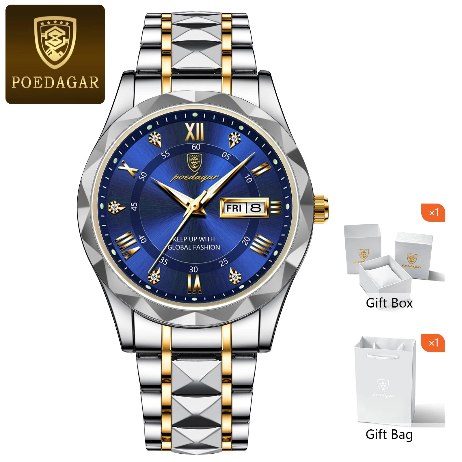 POEDAGAR Luxury Men's Watches Waterproof Luminous Date Week Watch For Man Stainless Steel Quartz Casual Men Wristwatch+Box Gift