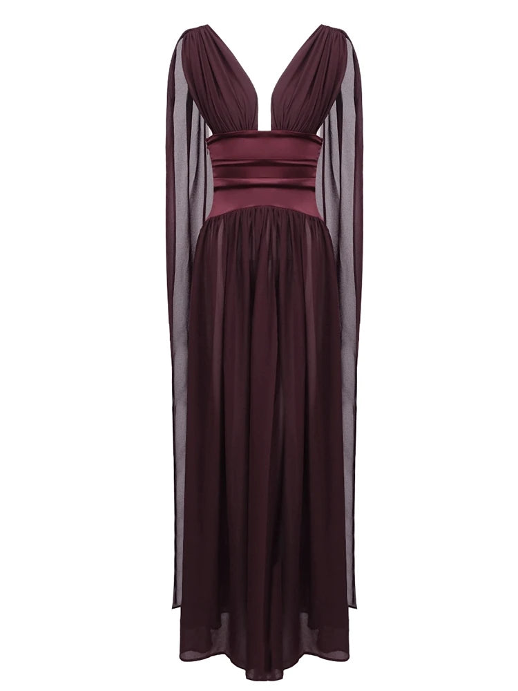 Sexy Deep V Neck Ruched Patchwork Long Dress Women Sleeveless Backless Draped A-line Dresses Celebrity Evening Party...