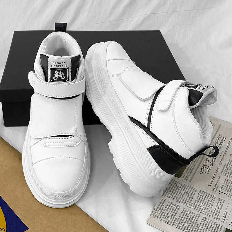 Autumn Men Casual Sneakers Leather Chunky Platform High-top Shoes Ankle Boots Magic Tape Sneakers Male Breathable Sport...
