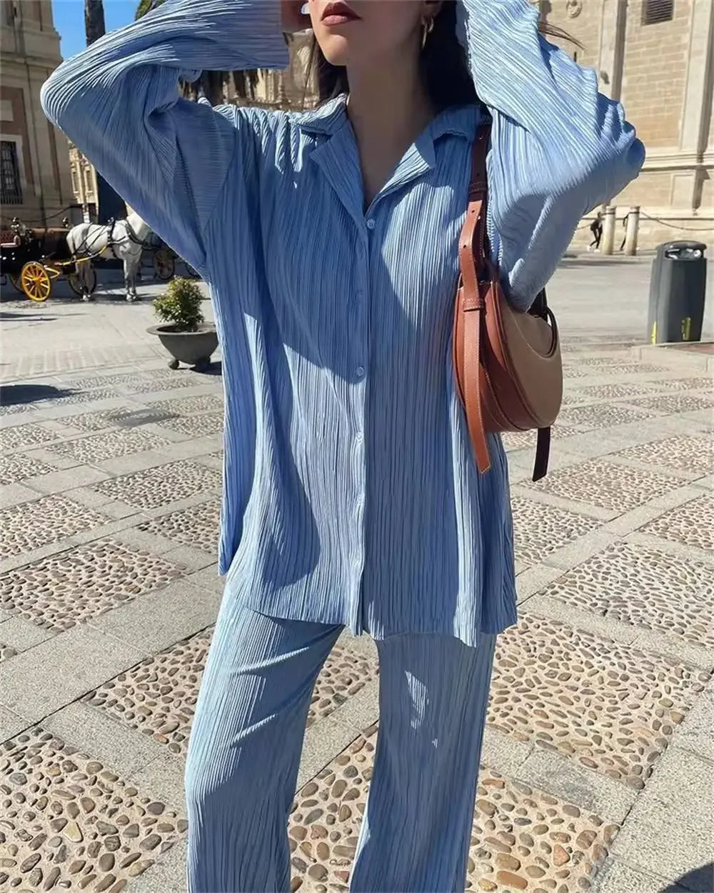 2023 Spring Summer Best Seller Solid Color Draped Loose Fit Smooth Pleated Women's Casual 2-Piece Set Stock Available