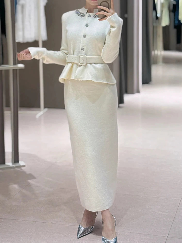 White Knit Two-Piece Style Dress with Rhinestone Button Belt Fitted Long-Length Women's Dress 2025 Fall New Arrival