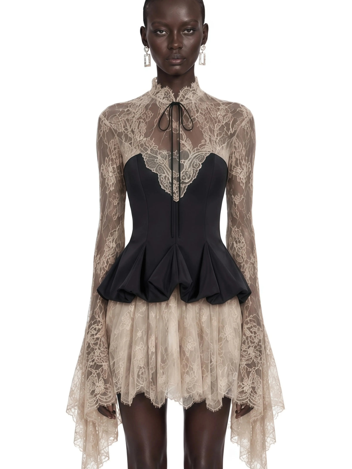 Black Lace Long Sleeve Mini Evening Dress High Neck Corset Party Dress Luxury Formal Wear Women