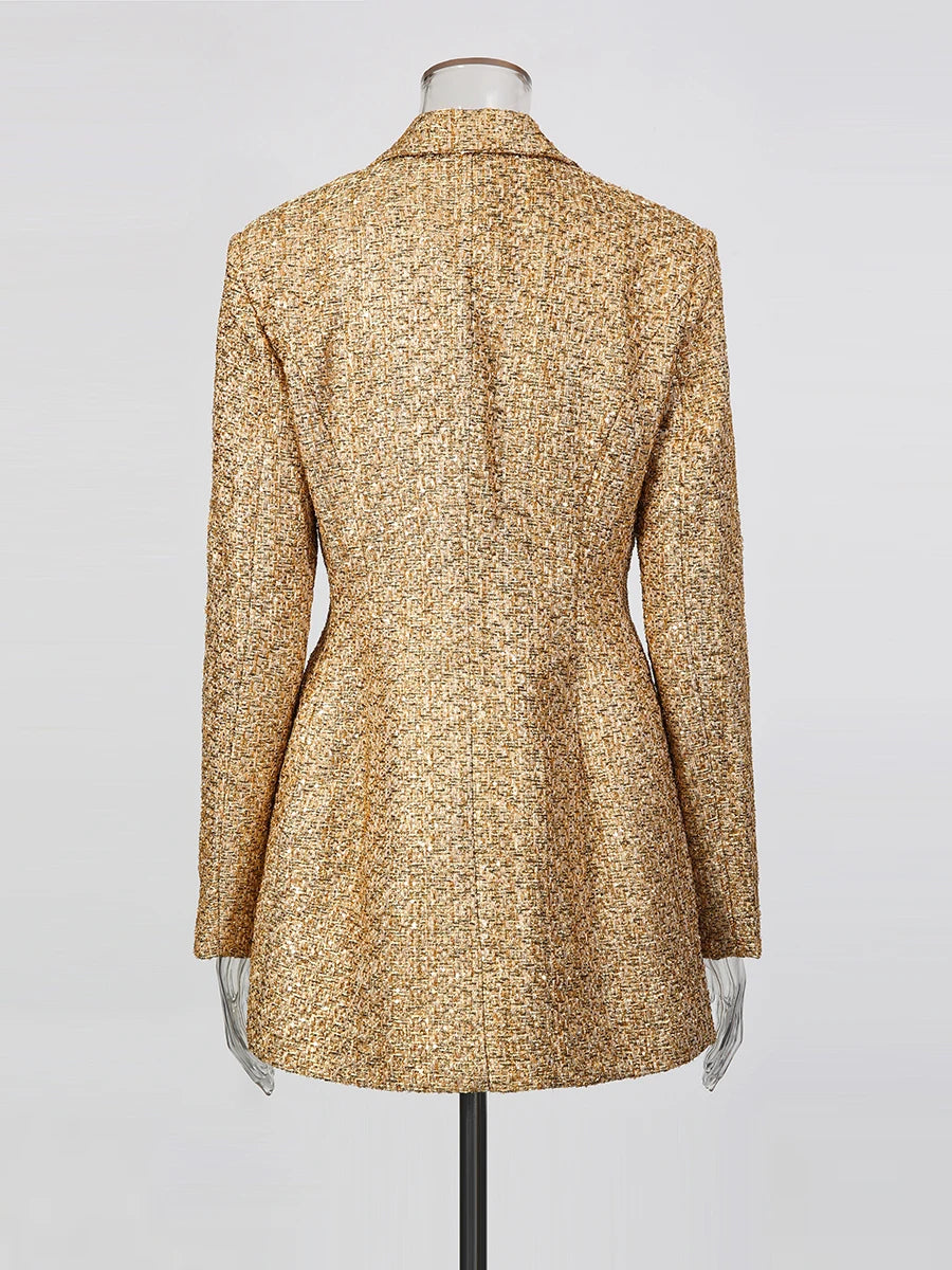 TWOTWINSTYLE Gold Slimming Spliced Double Breasted Fashion Blazers for Women Lapel Long Sleeves Tunic Temperament Blazer Female - Kimlud