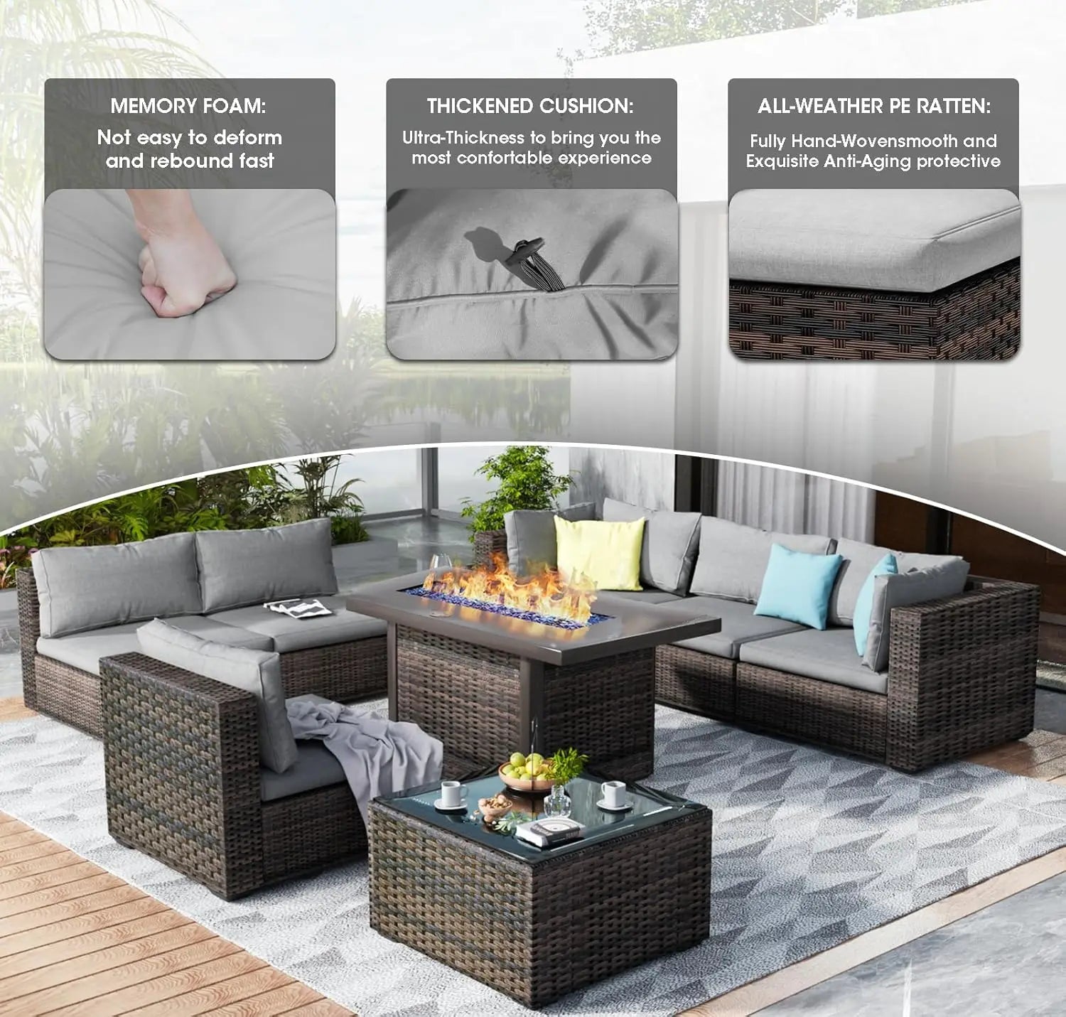 7 Pieces Outdoor Sectional Patio Furniture Set with Fire Pit Table PE Rattan Wicker Patio Sectional Conversation,...