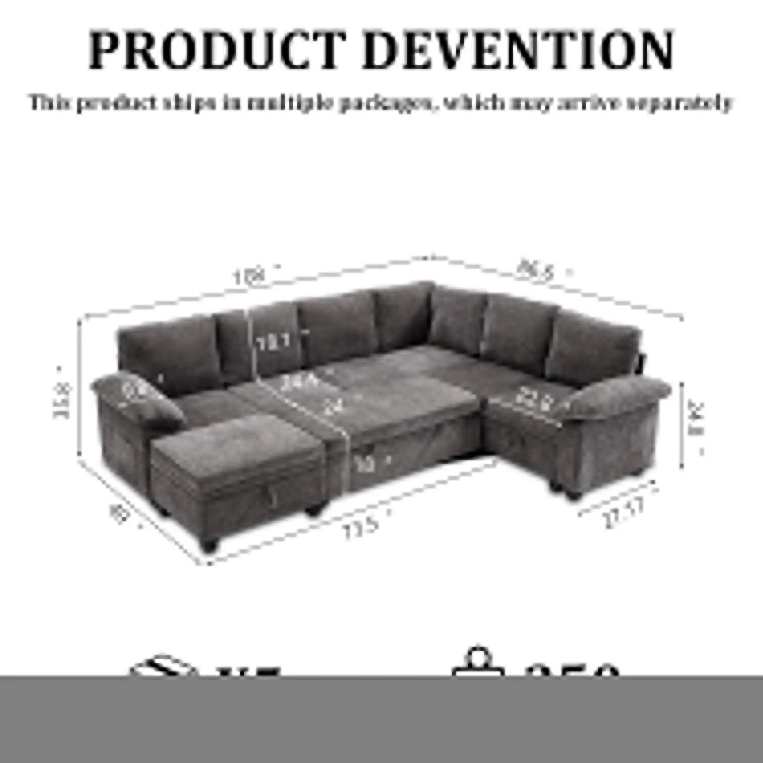 108 Inch Sectional Sleeper L Shaped Sofa with Pull Out Bed, 7 Seat Modular Sectional Sofa with Storage, Modern,...