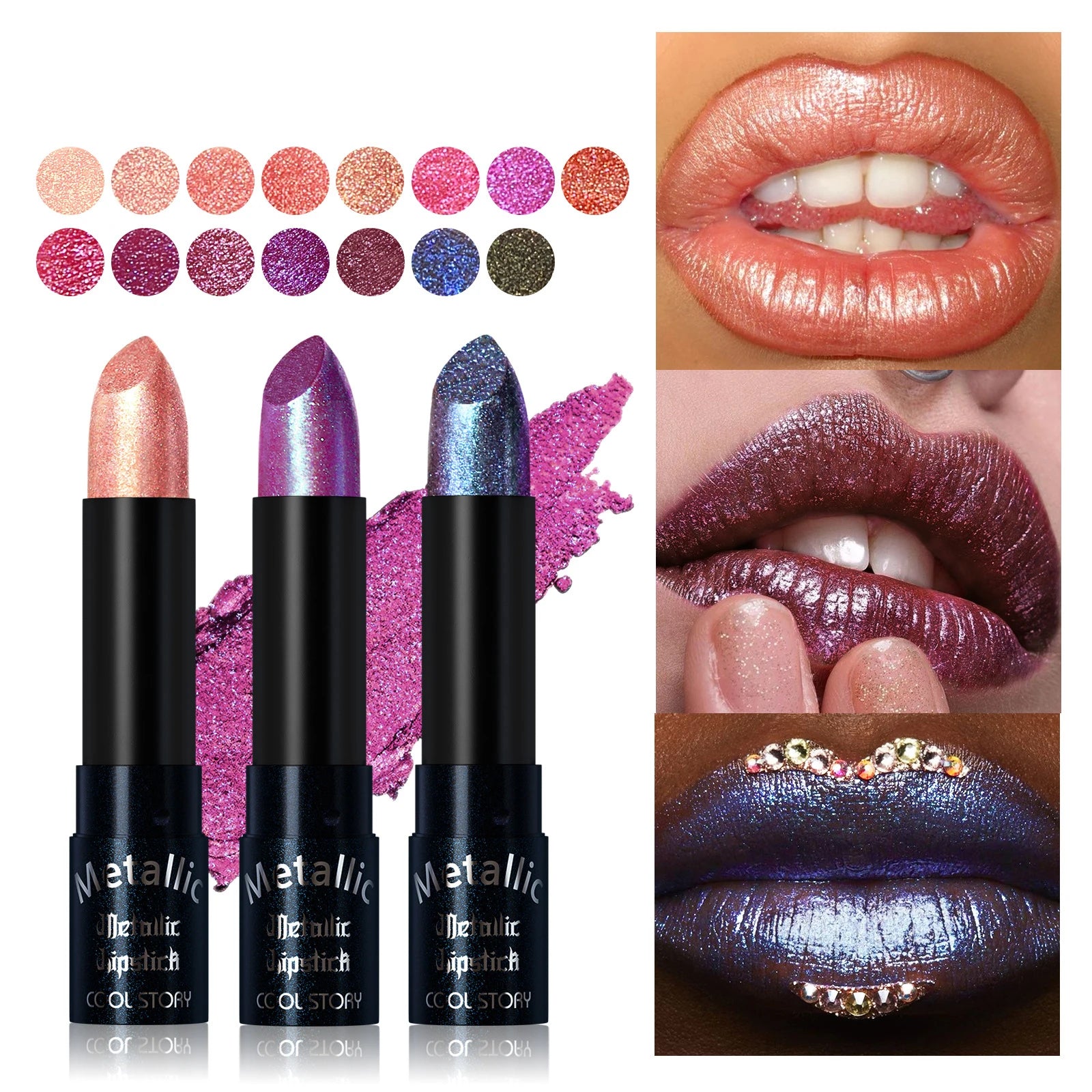 Metallic Pearlescent Pink Glitter Velvet Lipstick Waterproof Long Lasting Matte Shimmer Diamond Lipstick Women Makeup Cosmetics