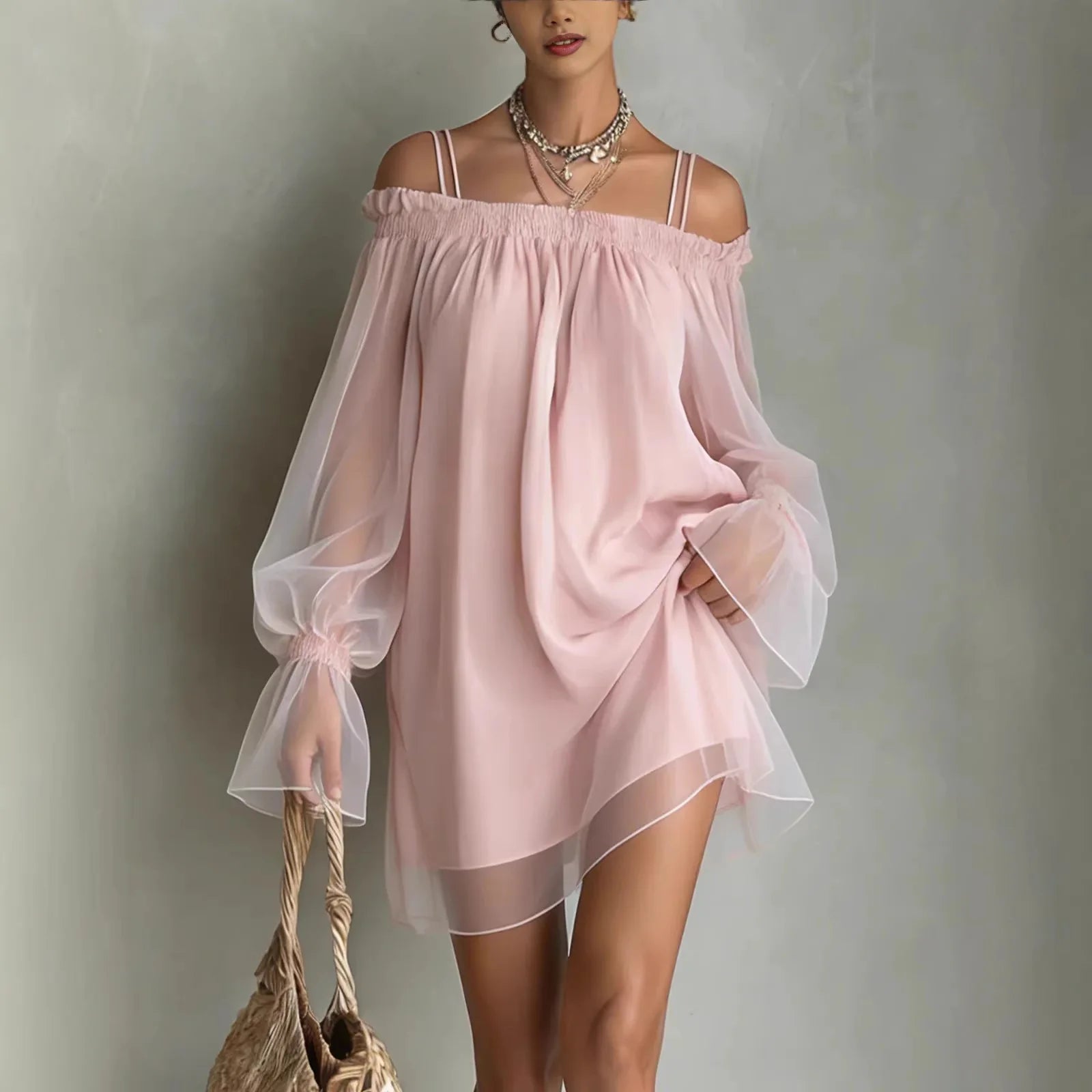 Double Strap Vestidos Off Shoulder Dress Sexy Sweet Vestido Fairy Mini Loose Dresses Summer New Sheer Mesh Long Sleeve Ropa Muje - Kimlud