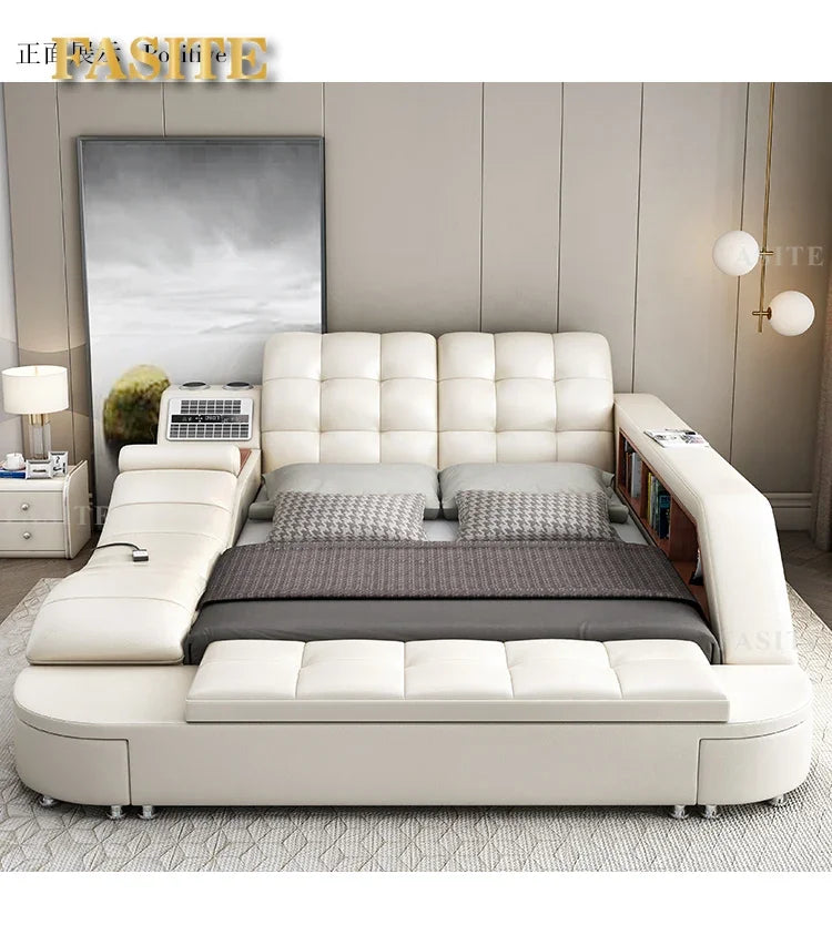 Genuine Leather Tech Smart Multifunctional Beds Massage Modern Luxury Camas Upholstered With Bluetooth Speaker,Air Cleaner