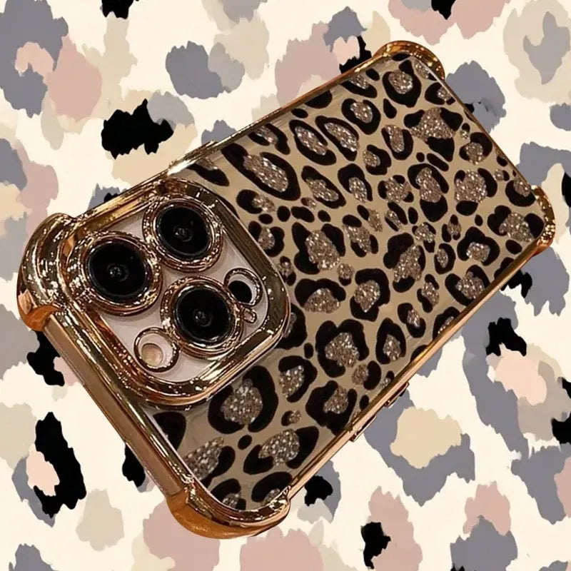 Glitter Leopard Print Plating Phone Case For iPhone 17 16e 16 15 14 13 12 11 Pro Max X XSMax 7 8 Mini Air Plus Anti-Fall...