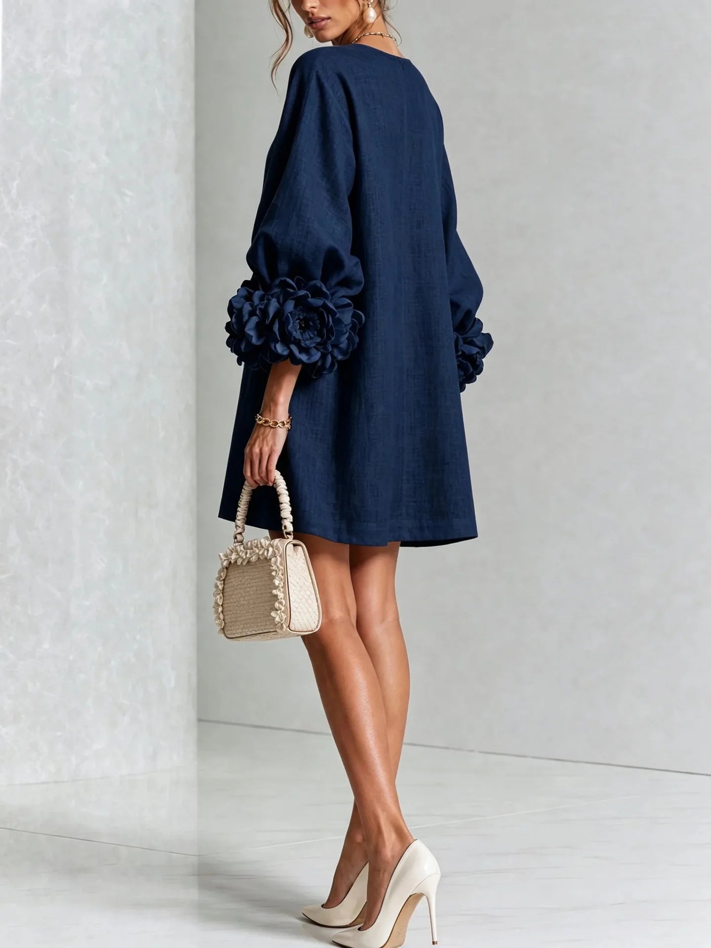 French-style Three-dimensional Flower Lantern Sleeve Cotton-linen Dress with a Round Neck, Single Button Closure, Loose Fit, and