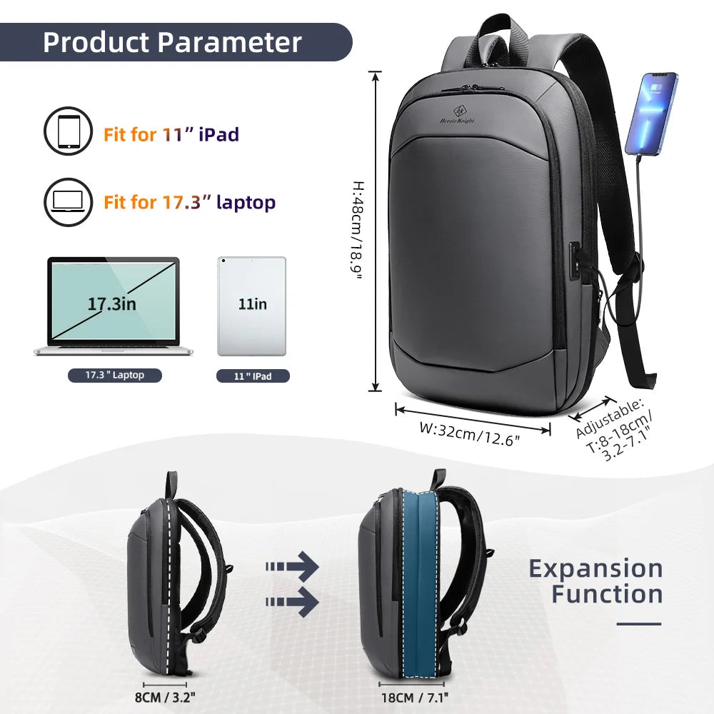 HK Business Backpack for Men 17 Inch Laptop Backpack with USB Port Slim Expandable Waterproof Travel Bag Large Work Computer Bag