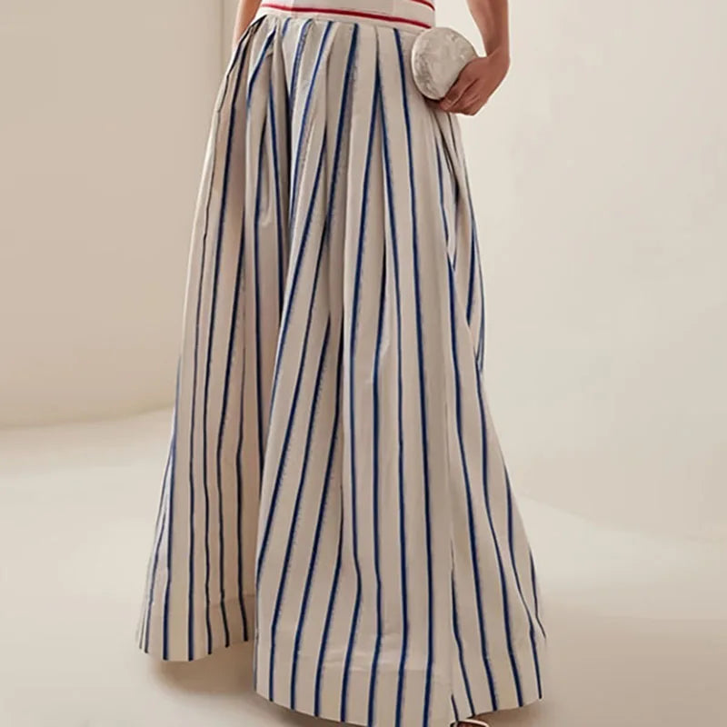 Sexy Strapless Backless Women Maxi Dress Elegant Contrast Striped Print Hollow Long Dress Spring Summer High Waist Evening Dress - Kimlud