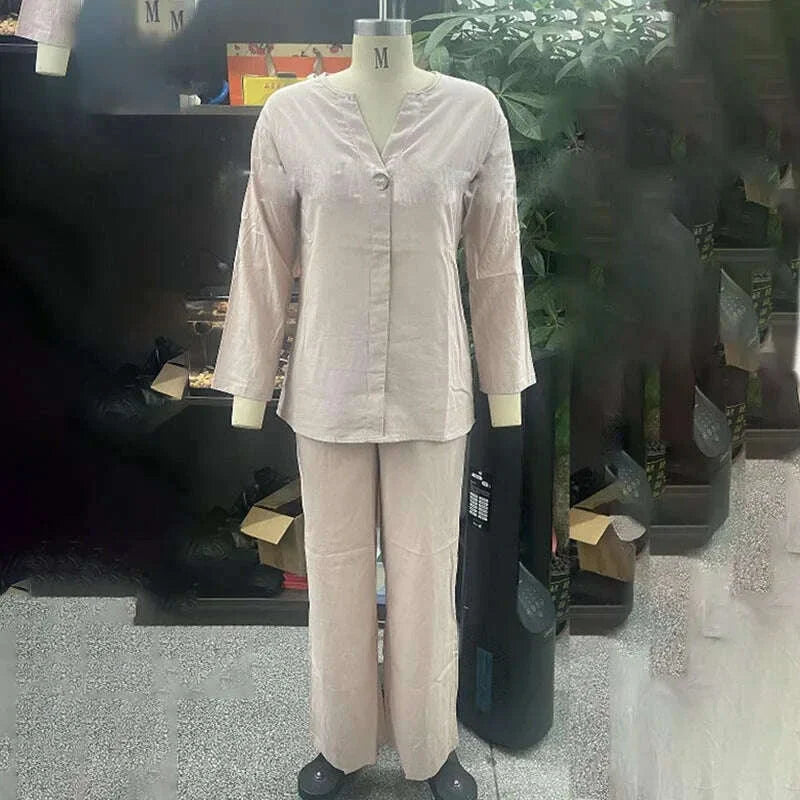 Casual Solid Color Pullover Long Pants 2-piece Set Women's Cotton and Linen Pants Suit White Pink