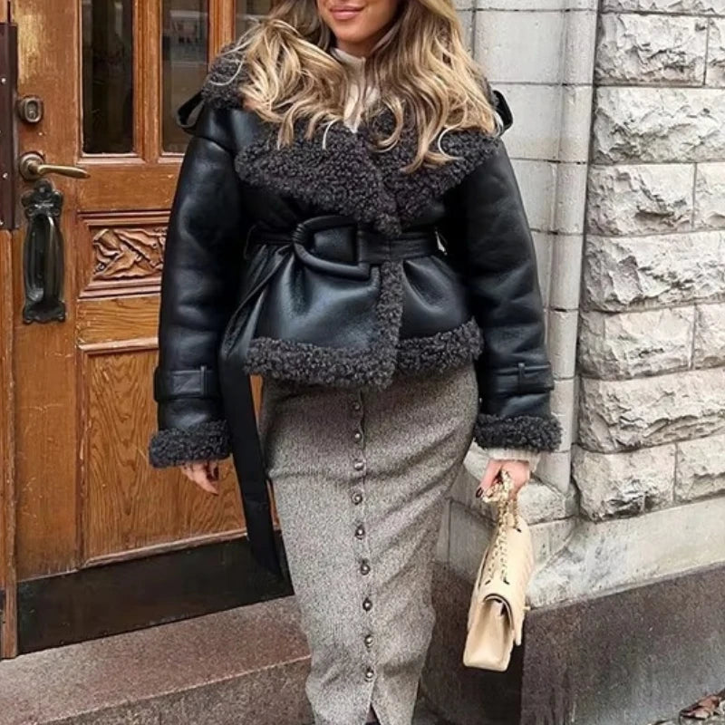 Faux Fur Leather Long Jacket Women Lapel Long Sleeve Belt Thicken Female Coats Winter Fashion Street Patchwork Lady Outwear