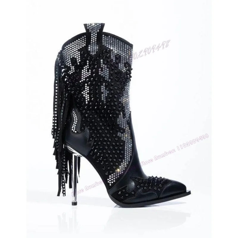 Black Tassel Crystal Decor Ankle Boots Pointed Toe Shoes for Women Thin High Heels Sexy Runway Shoes 2025 Zapatos Para Mujere