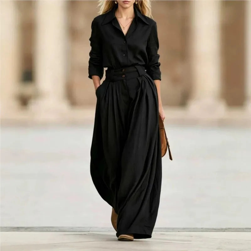 Women Solid Two Piece Outfit Autumn Lapel Long Sleeve Button Shirt + High Waist Pleated Wide Leg Pants Set Casual Office Suits